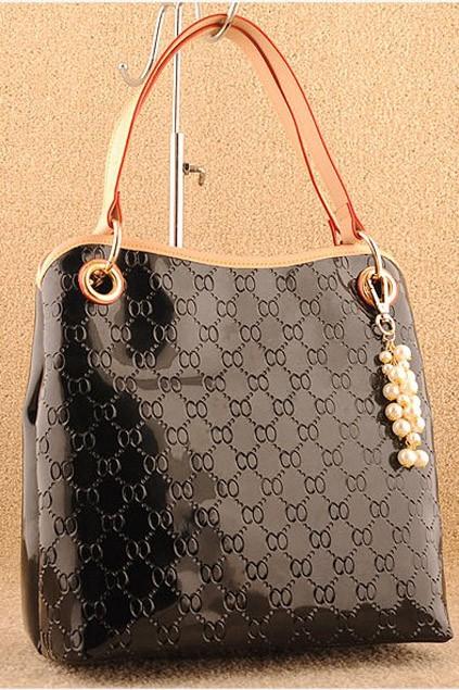 Oasap Black Oversized Glossy Shoulder Bag With Beading Pendant
