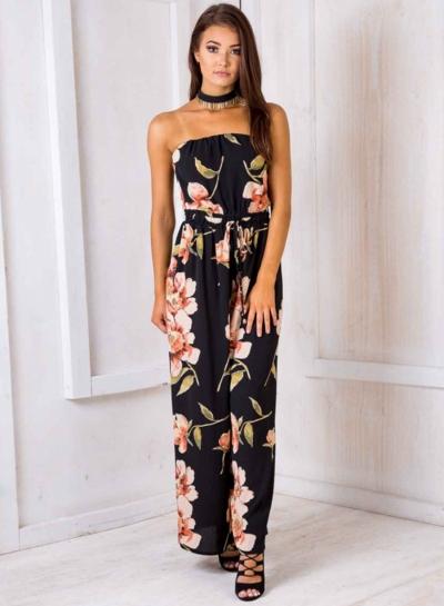 Oasap Floral Printed Wide Leg Tube Jumpsuit