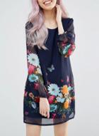 Oasap Long Sleeve Floral Printed Chiffon Dress