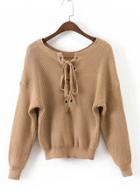 Oasap Round Neck Long Sleeve Lace Up Sweater