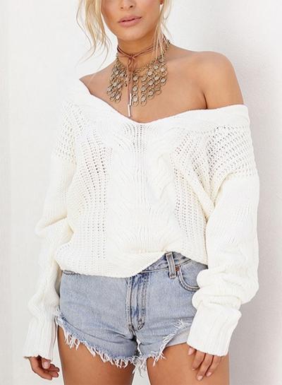 Oasap V Neck Long Sleeve Solid Color Pullover Twist Sweater