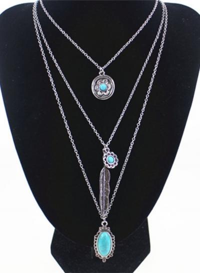 Oasap Boho Multi Layered Metal Feather Turquoise Necklace