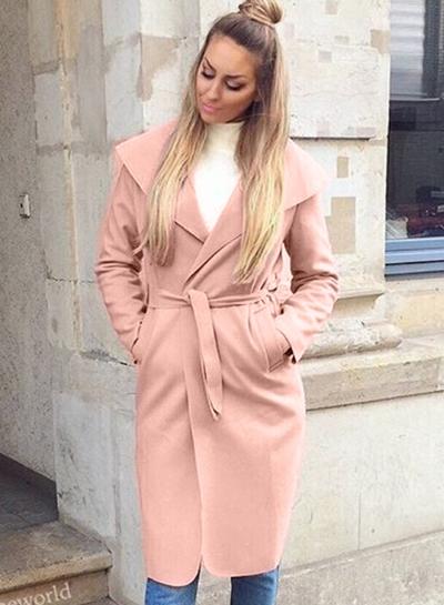 Oasap Solid Long Sleeves Turn Down Collar Coat With Belt
