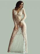 Oasap V Neck Long Sleeve Sheer Lace Maxi Dress