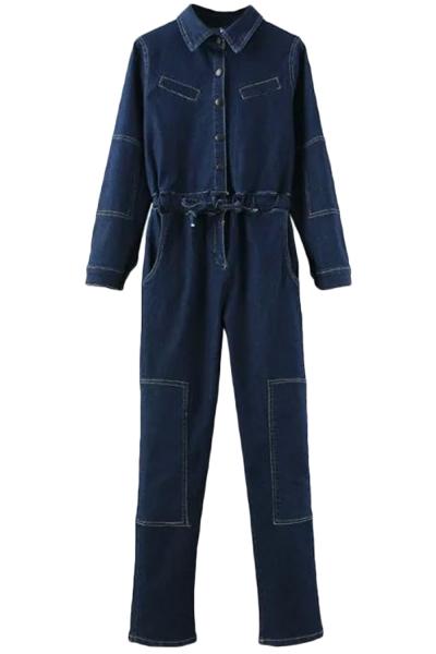 Oasap Women Snap Button Stand Collar Elastic Waist Denim Jumpsuit