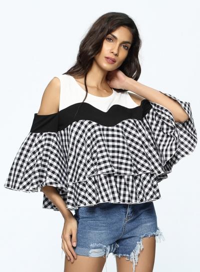 Oasap Round Neck Off Shoulder Color Block Flounce Panel Blouse