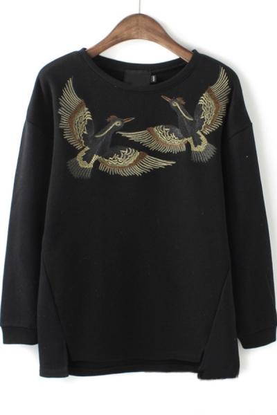 Oasap Bird Embroidered French Terry Sweatshirt