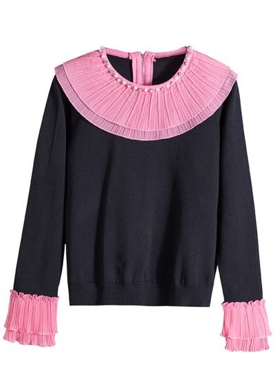 Oasap Fashion Pearls Chiffon Trim Knit Sweater