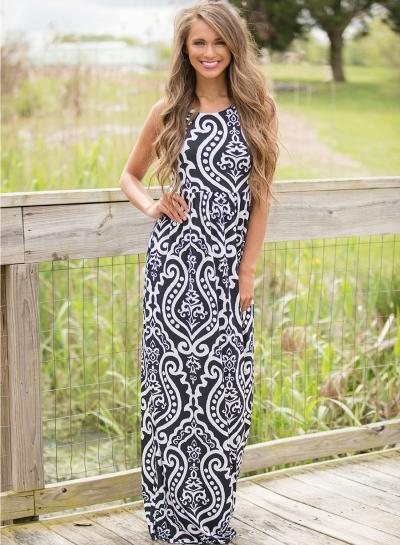 Oasap Contrast Damask Print Sleeveless Long Dress