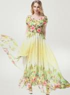 Oasap Floral Print V Neck Short Sleeve High Waist Maxi Dress