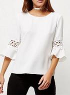Oasap 3/4 Flare Sleeve Hollow Out Solid Chiffon Blouse