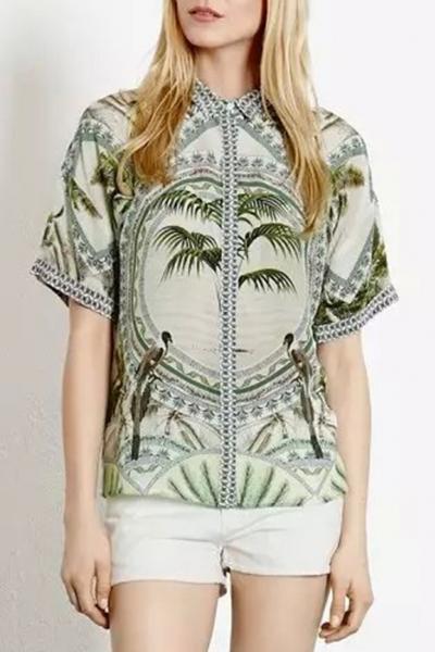 Oasap Tropical Bird Print Button Down Blouse