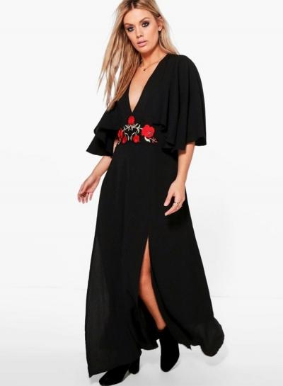 Oasap Plus Size V Neck Floral Embroidery Dress