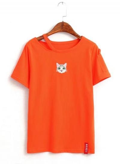 Oasap Round Neck Cat's Face Embroidery Tee Shirt