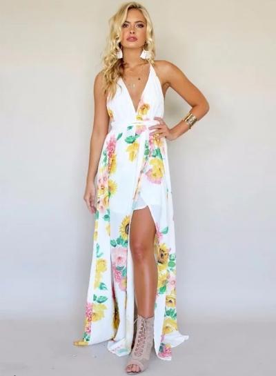 Oasap Halter Neck Sleeveless Backless Floral Printed Maxi Dress