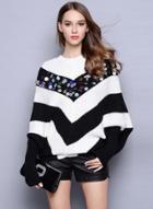 Oasap Round Neck Batwing Sleeve Color Block Sequins Decoration Sweater