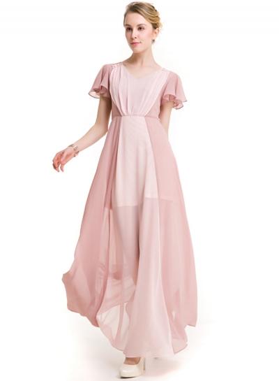 Oasap V Neck Short Sleeve Color Block Maxi Evening Dress