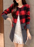 Oasap Round Neck Plaid Splicing Wool Coat