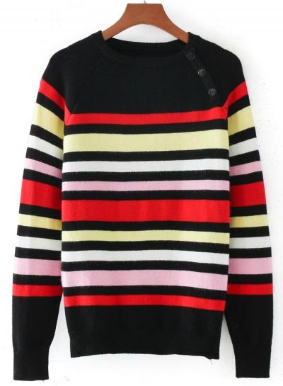 Oasap Casual Button Detail Stripe Raglan Sleeve Sweater