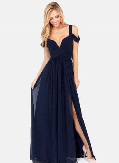 Oasap V Neck Off Shoulder Slit Maxi Chiffon Prom Dress