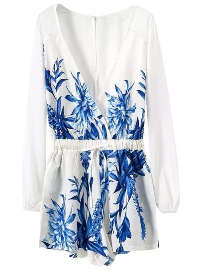 Oasap Women Deep V Neck Long Sleeve Drawstring Waist Printed Romper