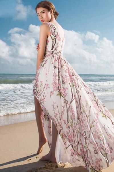 Oasap Floral V Neck Beach Midi Dress