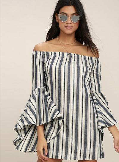 Oasap Off Shoulder Flare Sleeve Striped Mini Dress