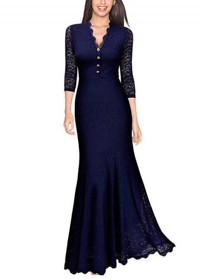 Oasap V Neck 3/4 Sleeve Lace Panel Maxi Prom Dress