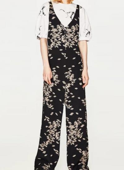 Oasap Leaf Print Bow Tie Slip Jumpsuit