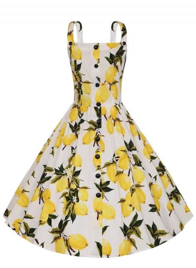 Oasap Sleeveless Lemon Printed Swing Midi Dress