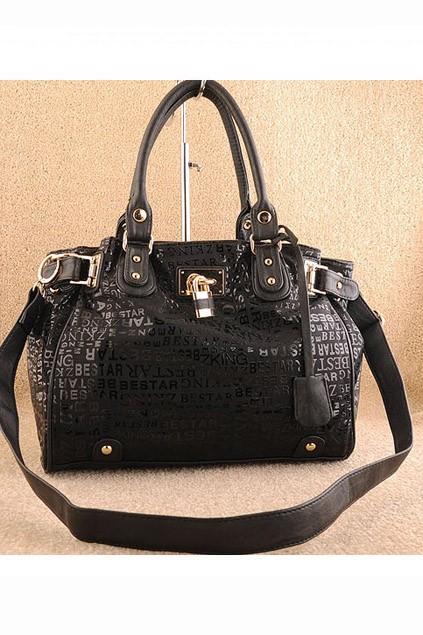 Oasap Black Letters Printing Handbag With Retro Metal Lock