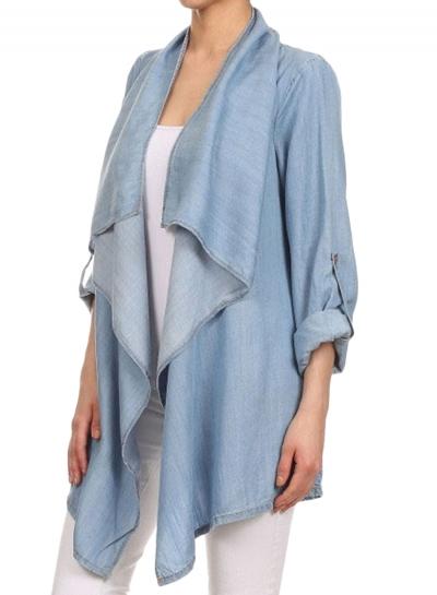 Oasap Long Sleeve Open Front Asymmetric Design Denim Coat