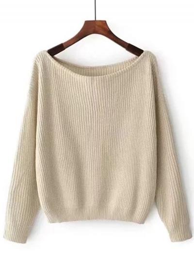 Oasap Slash Neck Long Sleeve Solid Color Pullover Sweater