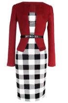 Oasap Elegant Plaid Long Sleeve Belted Combo Dress