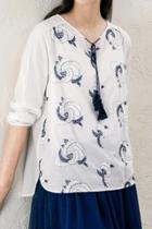 Oasap Sweet Floral Embroidery Print Lace-up Front High Low Blouse