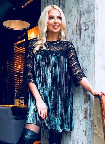 Oasap Round Neck Long Sleeve Solid Color Pullover Lace Splicing Dress