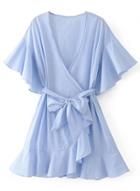 Oasap Striped V Neck Ruffle Tie Waist Mini Dress
