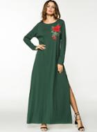 Oasap Round Neck Long Sleeve Floral Embroidery Slit Dress