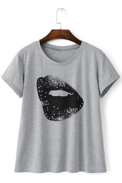 Oasap Women Fashion Lip Pattern Short Sleeve Loose Fit Tee