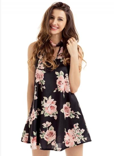 Oasap Floral Printed Sleeveless High Neck Dress