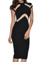 Oasap Nude Illusion Insert High Neck Midi Dress