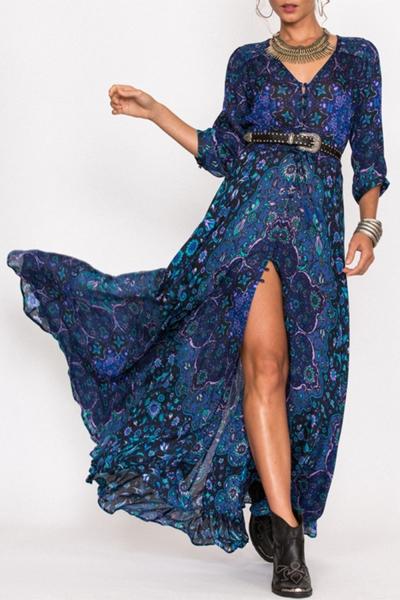 Oasap Vintage Floral Print V Neck 3/4 Sleeve Maxi Dress