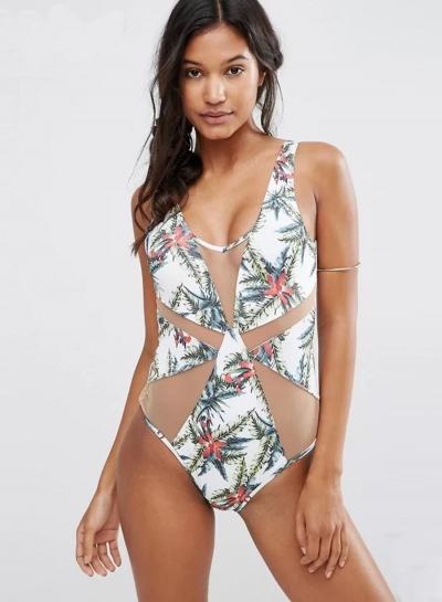 Oasap Palm Leaves Printed Mesh Splicing Swimwear