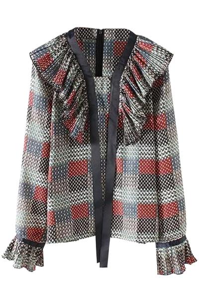 Oasap Sweet Flouncing Decoration Plaid Print Flare Sleeve Chiffon Blouse