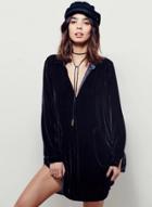 Oasap Pleated Velvet Solid Buttons Front Shirt Mini Dress