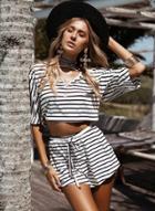 Oasap Striped V Neck Half Sleeve Shorts Set