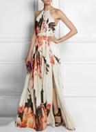 Oasap Halter Neck Floral Printed Slit Maxi Dress