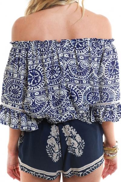 Oasap Dazzling Printed Half Sleeve Off Shoulder Blouse