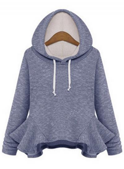 Oasap Solid Long Sleeve Flounce Hem Hoodies