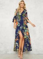 Oasap V Neck Floral Printed Slit Maxi Dresses